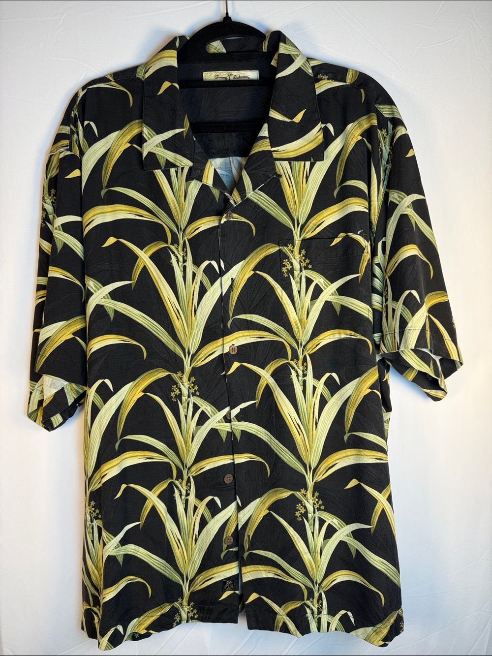 Tommy Bahama Black Silk Camp Shirt with Yellow & Green Palm Accents